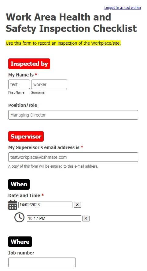 Screenshot of Inspection form
