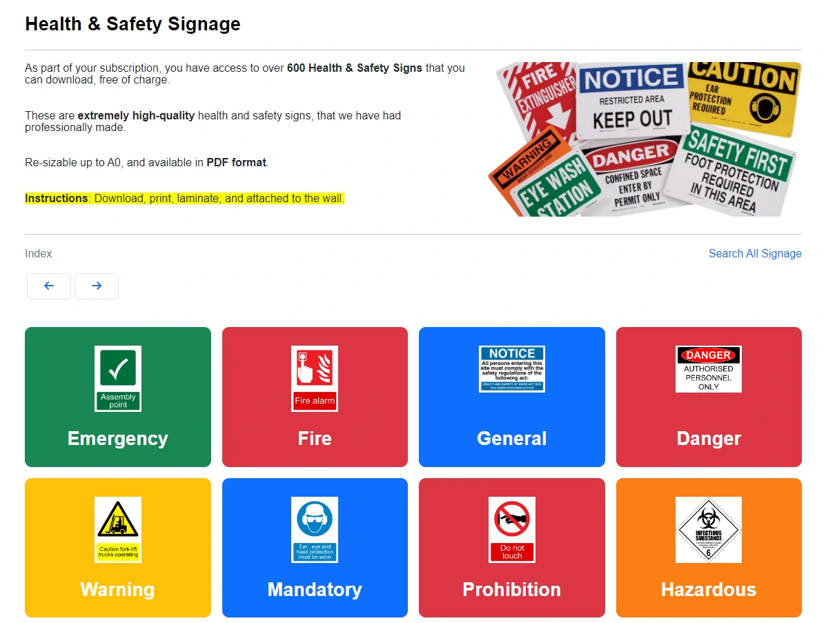 Screenshot of Safety Signage index