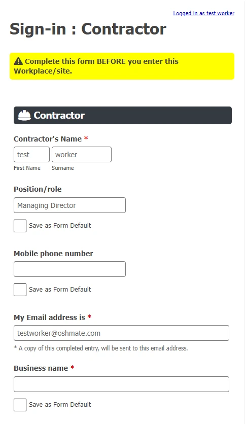 Screenshot of Contractor Sign-in form