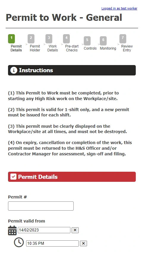 Screenshot of Work Permit form