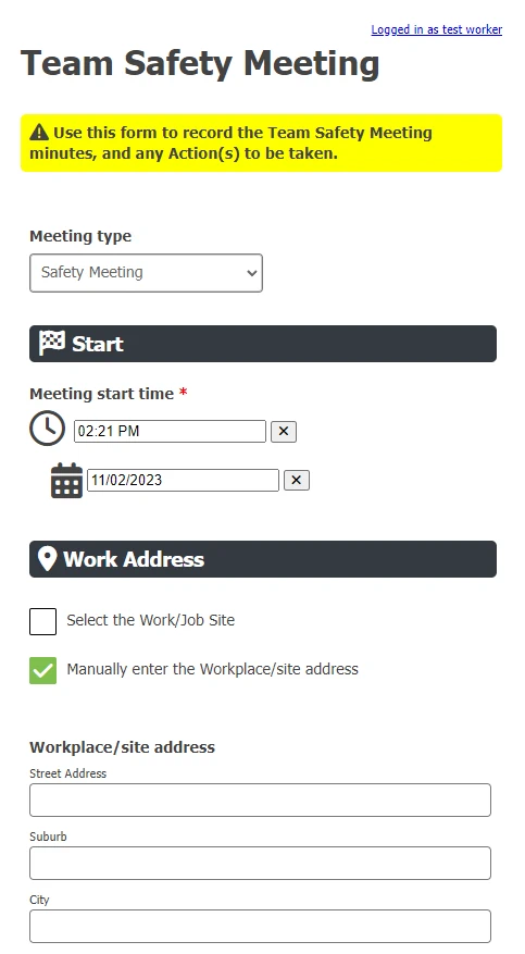 Screenshot of Toolbox Meeting form